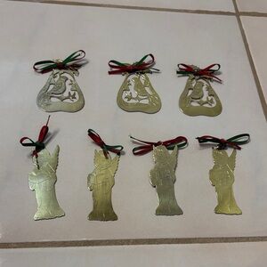 Lillian Vernon Brass Angel and Partridge in a Pear Tree Ornaments Set (7). Y2K